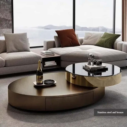 Modern creative design extendable stainless steel tempered glass rotating oval center coffee table set storage for living room