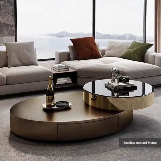 Modern Creative Design Extendable Stainless Steel Tempered Glass Rotating Oval Center Coffee Table Set Storage for Living Room