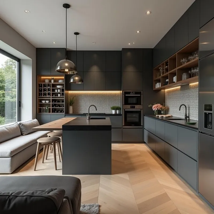 High End Modern Kitchen Cabinets Full Set Matte Finish Black Lacquer Modular Kitchen Furniture with Quartz Countertops
