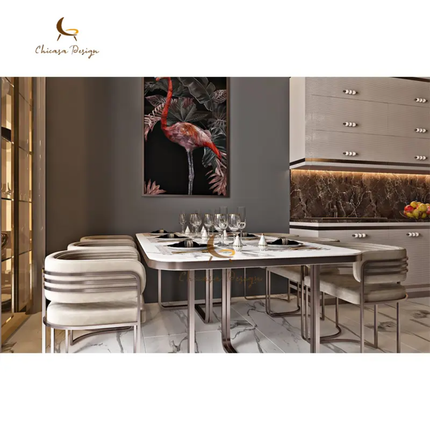 High-End Luxury Rectangular Marble Dining Set – Gold Stainless Steel Base, 8 Seater for Villa