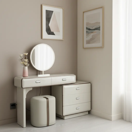 Modern and Luxurious White Dressing Table Set, Specially Designed For The Bedroom, Featuring Multiple Drawers And a Camera Light