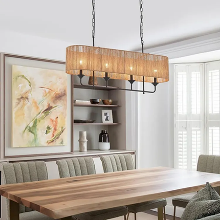 Boho Chandelier Coastal 2 Layers Hand Woven Rattan Pendant Light Linear Large Island Light for Dining Room Kitchen Living Room