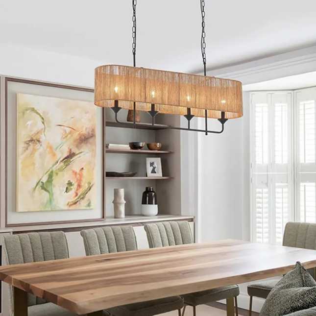 Boho Chandelier Coastal 2 Layers Hand Woven Rattan Pendant Light Linear Large Island Light for Dining Room Kitchen Living Room