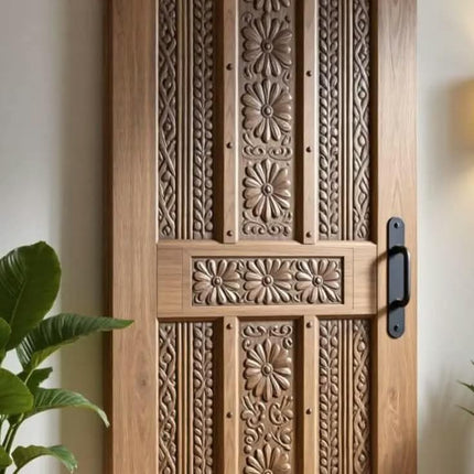 Luxury Handcrafted Floral Carved Solid Wood Sliding Barn Door Artistic Decorative Interior Entryway