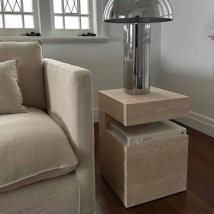 Modern Luxury Beige Travertine Marble Plinth Side Table Modern Design Bedside Table For Home Marble Stone Sofa Side End Table
