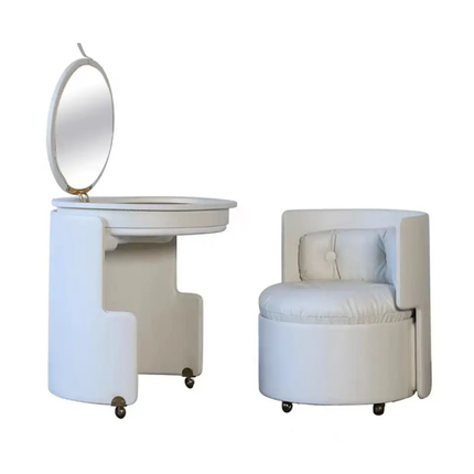 Italian Luxury Modern Solid Wood Stainless Steel Vanity Set Dressing Table With Flip Mirror Leather Seat Storage Chair Bespoke