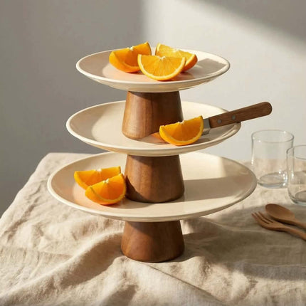 Light Solid Wood Cream Style Dessert Stand Household Snack Display Tall Stainless Steel Fruit Plate Tray Candy Tray