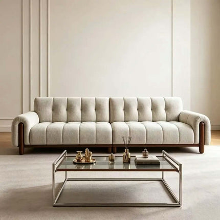 Modern Square Tufted Fabric Sofa Three Seat with Wood Legs Chesterfield Style Living Room Furniture