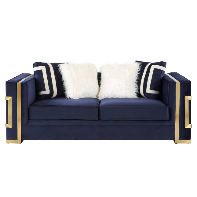 Grand Blue Velvet Elite Sofa with Striking Golden Details Premium Quality