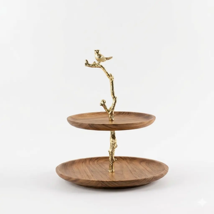 Luxury 2-Tier Wooden Cake Stand With Gold Brass Floral Branch Frame Elegant Rustic Mango Wood Cupcake Display & Serving Tray