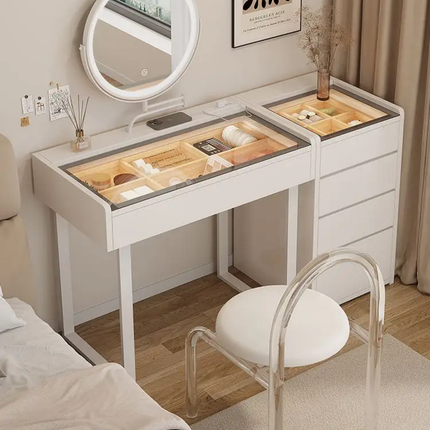 Modern Hot Sale White Glass Top Vanity Dressing Table with Drawer and Lighted Mirror Bedroom Furniture