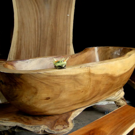 Handcrafted Unique Elegant Luxurious Exotic Timber Whole Solid Suar Epoxy Wood Freestanding Bathtub Soaking Outdoor