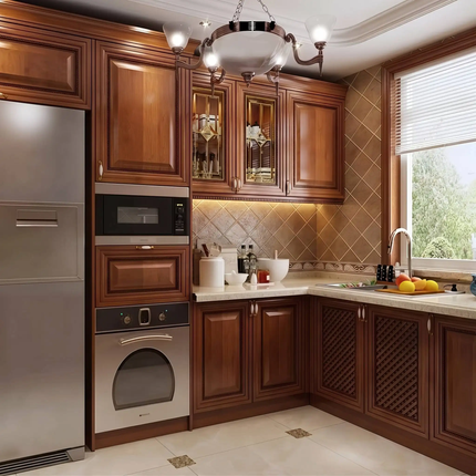 Custom Luxury Red Oak and Red Walnut Solid Wood Door Wooden Kitchen Cabinets with Painted Plywood Cabinet Body Kitchen Island