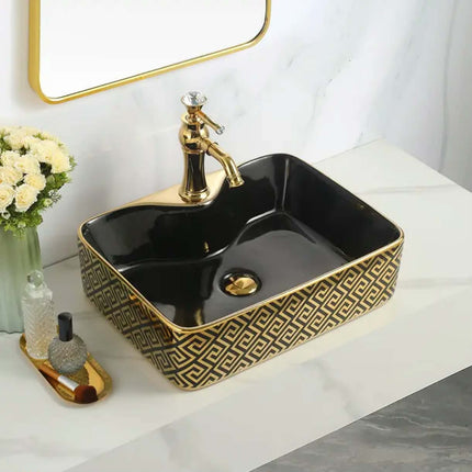 Black Square Ceramic Vessel Sink Gold Pattern Countertop Wash Basin Art Design Vanity Basin For Bathroom Wholesale Supplier