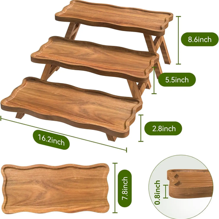 Custom Wooden Serving Stand OEM Laser Wave Edge Acacia Wood Charcuterie Riser Tray Fruit Dessert Display Stand For Party