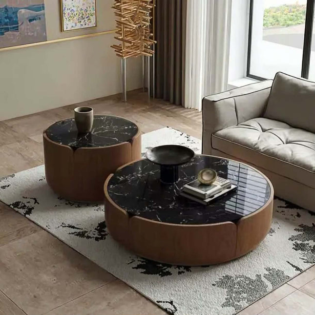 Mid-Century Walnut Finish Round Solid Coffee Table Set, Minimalist Sintered Stone Round Center Table for Small Living Room