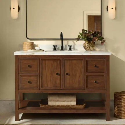 Luxurious floor-standing bathroom vanity ceramic basin smart mirror solid wood construction apartment villa bathroom furniture