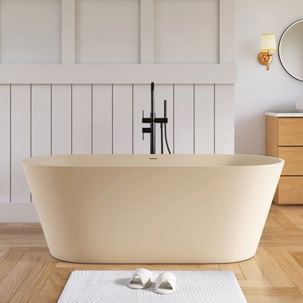 Solid Surface Freestanding Soaking Tub for Adults With Milky Coffee Color Oval Shape Modern Style Durable & Eco-Friendly