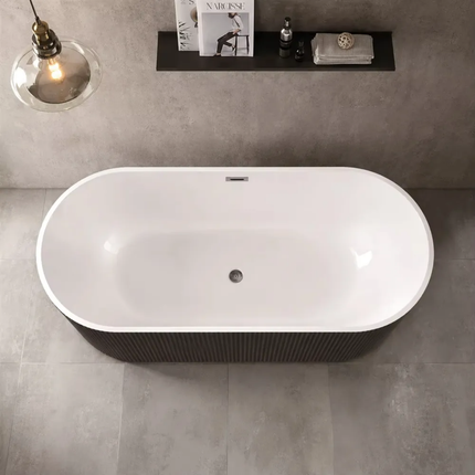 Freestanding Soaking Bathtub with Ribbed Fluted Vertical Pattern for Luxury Hotel Project 1700mm Two Tone Black Acrylic Oval