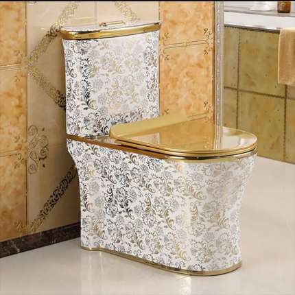 White Gold Floral Pattern Toilet Italian Design Elegant Bathroom Masterpiece