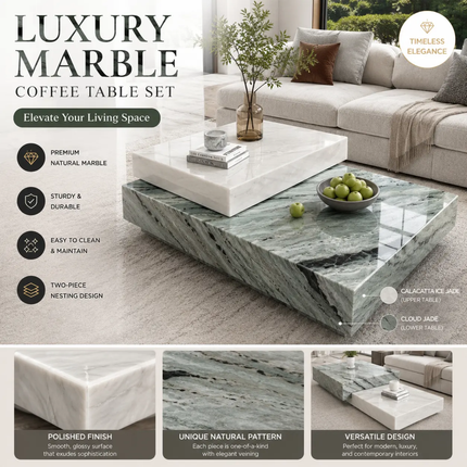 Architectural marble coffee table white and gray natural stone glasses H30 Low nesting center table for luxury living room villa