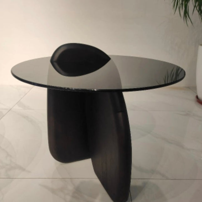 European Modern Minimalist Home Living Room Furniture 8mm-Thick Grey Glass Round Center coffee table with Solid Ash Wood Legs