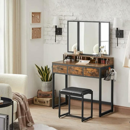 Dressing Table With Mirror And Stool Vanity With Tri-Fold Mirror 3 Drawers Makeup Desk Industrial Style Rustic Brown And BLack