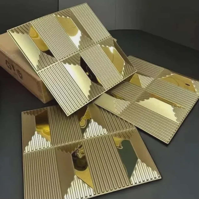 Luxury Gold Ribbed 3D Wall Panel Tiles with Geometric Mirror Accents for Modern Decor