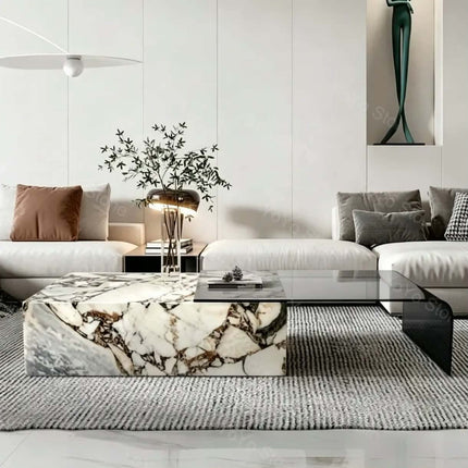 Architectural marble coffee table white and gray natural stone glasses H30 Low nesting center table for luxury living room villa