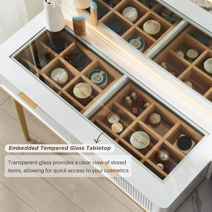Modern 36\" HD Lighted Mirror Makeup Vanity Desk 48\" Big Mirror 5 Drawers Shelves Glass Top White Bedroom Dressing LED Feature