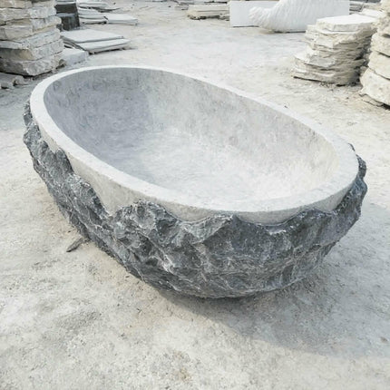 Modern Freestanding Natural Grey Stone Bathtub Antique Marble Soaker Tub for Outdoor and Indoor Villa Bathroom