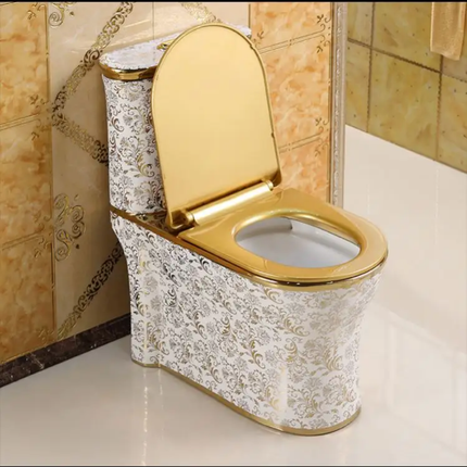 White Gold Floral Pattern Toilet Italian Design Elegant Bathroom Masterpiece