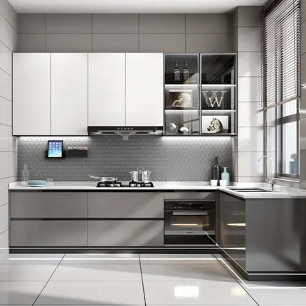 Whole House Customization Glossy Luxury Modern Design Grey Stainless Steel Kitchen Cabinet For Villa