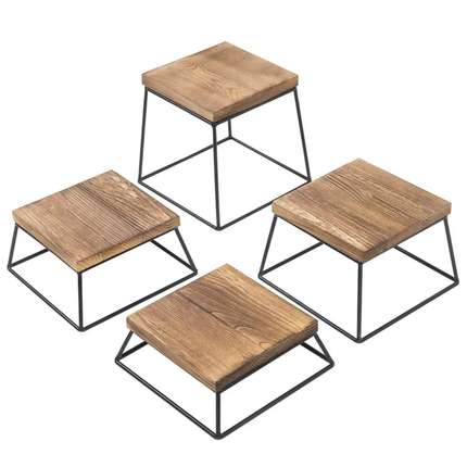 Burnt Wood & Black Metal Polished Square Retail Food Display Risers/Pizza Stands Holiday Decoration Set Of 4