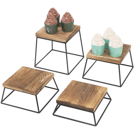 Burnt Wood & Black Metal Polished Square Retail Food Display Risers/Pizza Stands Holiday Decoration Set Of 4