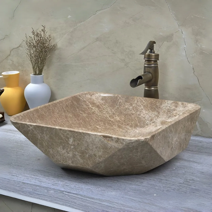 Emperador Light Unique Shape Sink Handmade Natural Stone Wash Basin Bathroom Vanity Diamond Facets Marble Stone Wash Basin