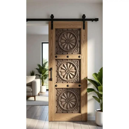Luxury Handcrafted Mandala Star Carved Solid Wood Sliding Barn Door Artistic Interior Entryway Decor