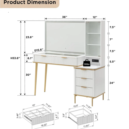 Modern 36\" HD Lighted Mirror Makeup Vanity Desk 48\" Big Mirror 5 Drawers Shelves Glass Top White Bedroom Dressing LED Feature