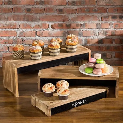 3 Layers Rustic Burnt Dark Wood Cake Dessert Display Riser Stand With Blackboard Board