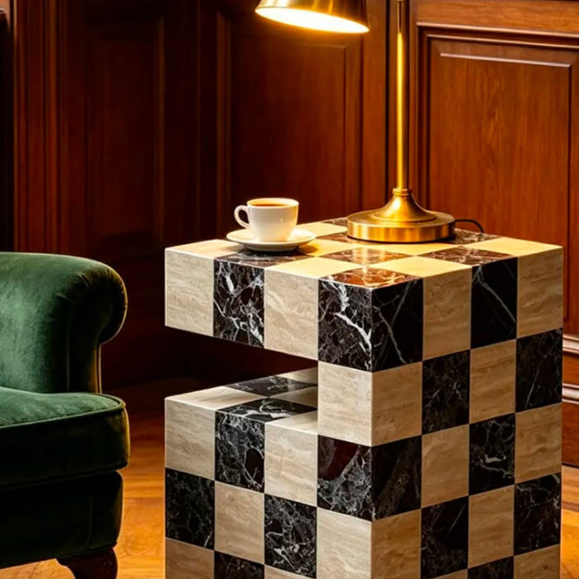 Modern Scandinavian Checkerboard Marble Coffee Table Geometric Sculptural Luxury Natural Stone Accent Piece For Living Room