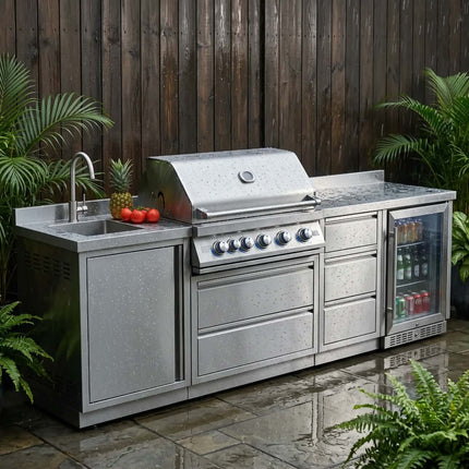 Customize Modern Waterproof Lacquer Stainless Steel MDF Outdoor Kitchen Cabinet Island BBQ Grill Set Sink Hinge Backsplash 5 Year Warranty.