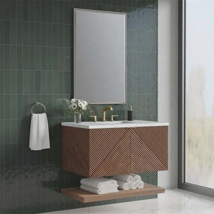 Modern custom double‑sink vanity, carved shaker wood, smart mirror, and towel storage included.