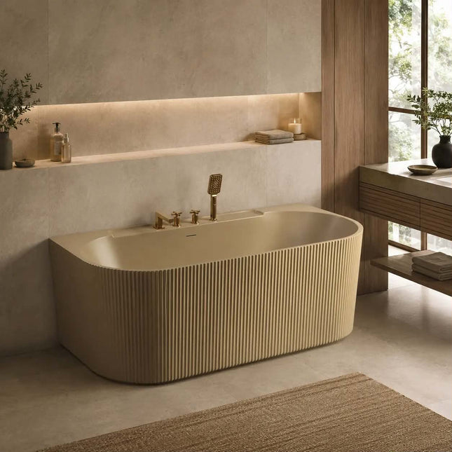 Luxury Matte Gold Ribbed D-Shaped Acrylic Back to Wall Bathtub with Gold Deck Mounted Faucet For Modern Villa Bathroom