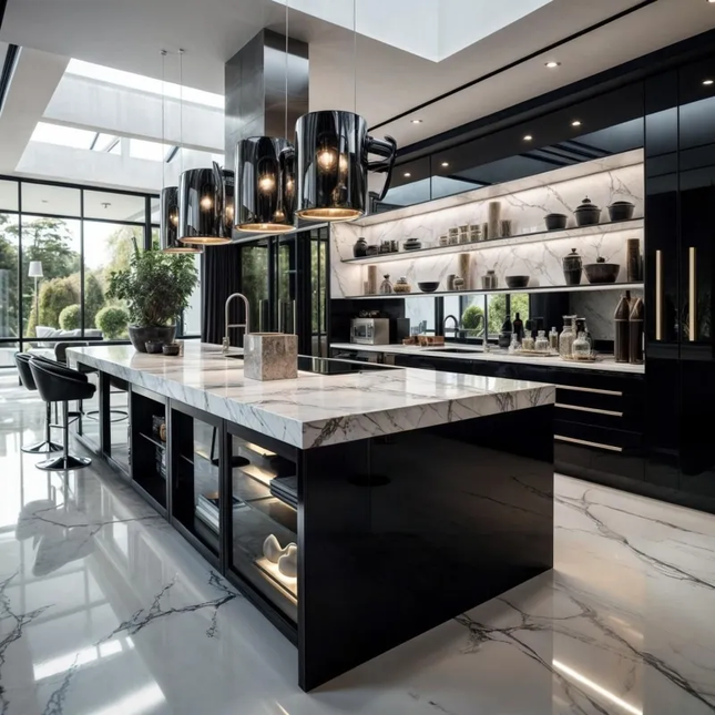 High End Modern Kitchen Cabinets Full Set Matte Finish Black Lacquer Modular Kitchen Furniture with Quartz Countertops