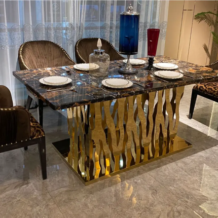 Leidenuo Zebra-D Modern 6-Piece Brushed Gold Marble Top Glass Dining Room Furniture Set Certified for Home