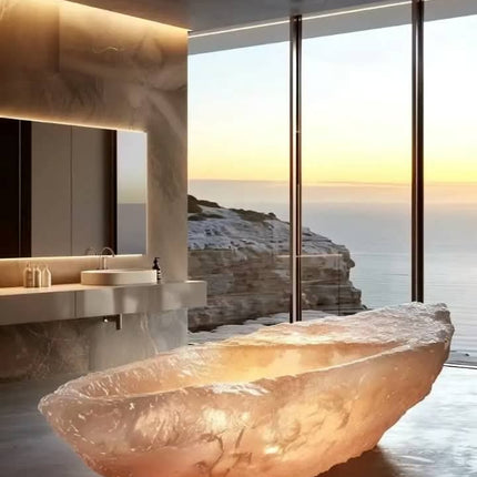 LUXURY Marble Bathtub LED Lights Adjustable Massage Jets Temperature Control freestanding High Quality Natural Bathroom Villa