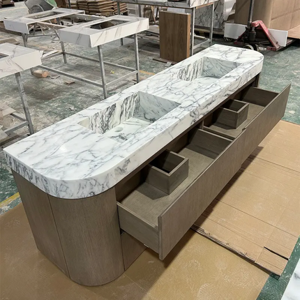 Foshan light luxury natural marble integrated basin bathroom cabinet custom toilet floor standing solid wood paint bathroom