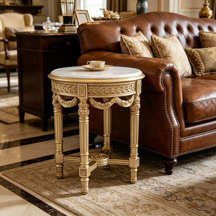 Antique Solid Wood French Console Side Table Hand Carving Sofa Side Table Luxury Natural Marble Top Round Rustic Side Table
