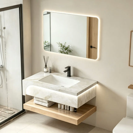 Modern luxury hotel waterproof wall mounted double-layer slate rock bathroom vanity set with LED mirror cabinet bathroom cabinet