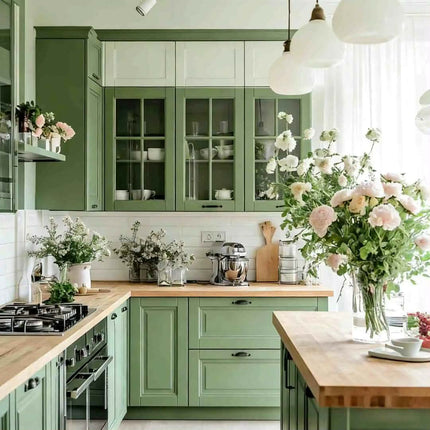Luxury Sage Green French Kitchen Cabinet Set Oak Wood Kitchen Cabinet Gold Hardware Marble Countertops Glass Display Cabinets